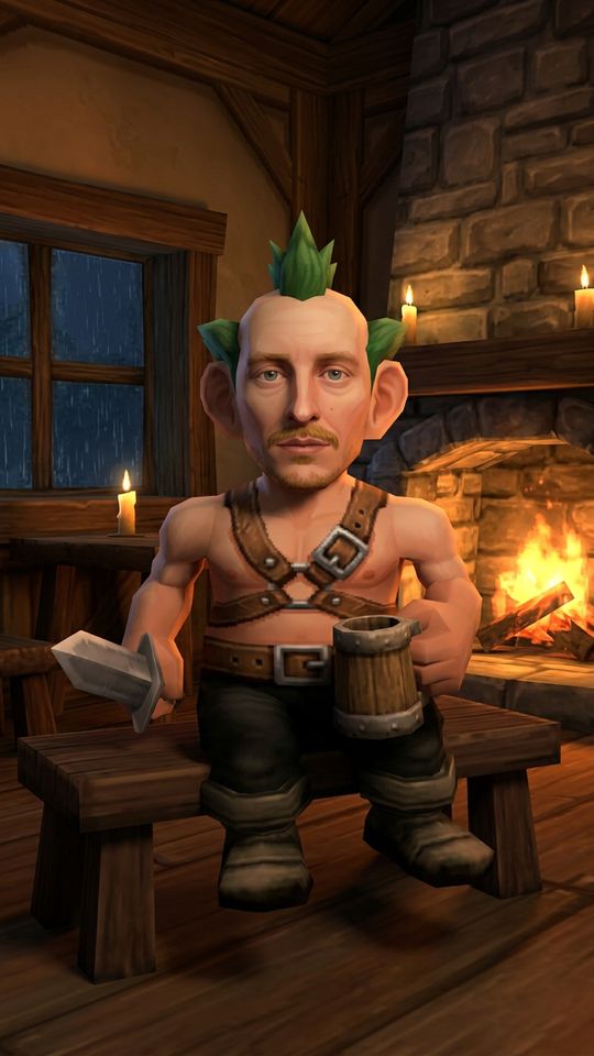 gnome warrior portrait, a tavern by the fire